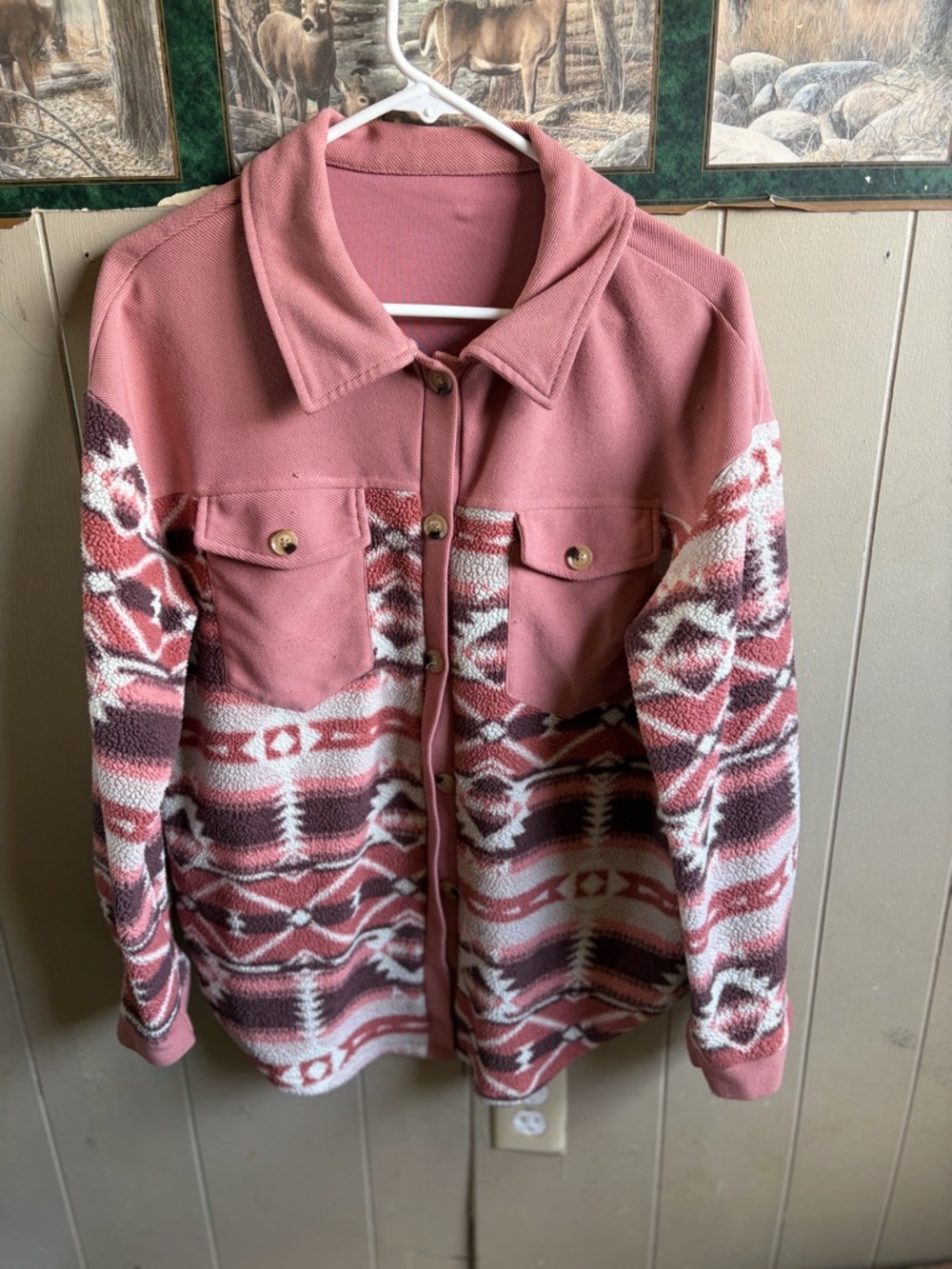 SHEIN Rose Pink Patterned Teddy Shacket with Tribal Panels